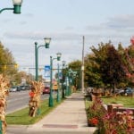 A peaceful sidewalk lined with street lamps and autumn trees.