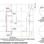 Map showing closure of Sheldon Road at M-153 (Ford Road) for construction.