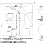 Map showing a detour route due to a closure on Ford Road.