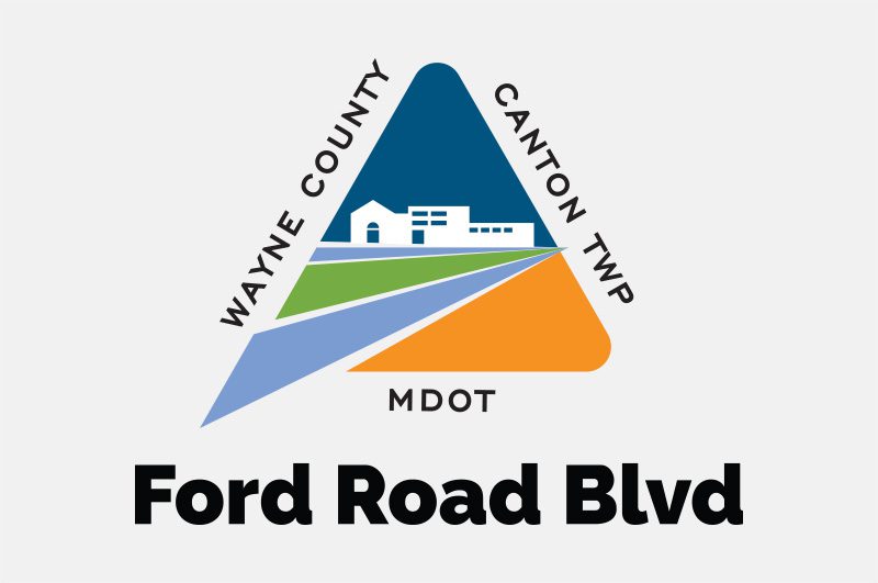Ford Road Blvd logo showing blue, orange and green roads with white houses