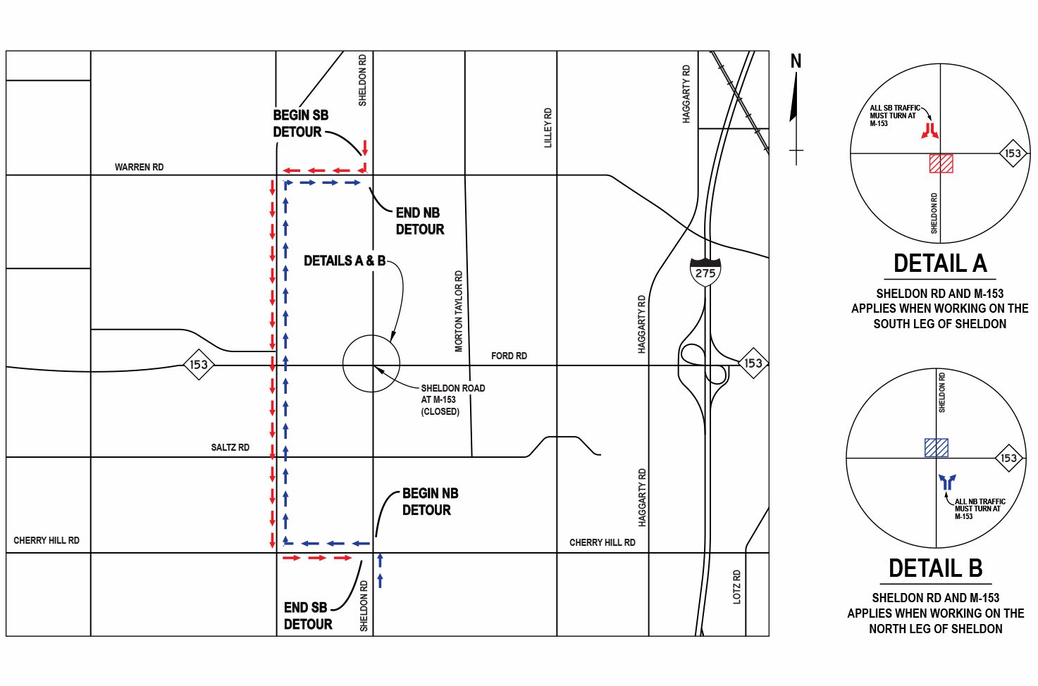 Black and white drawing of Sheldon Road detour