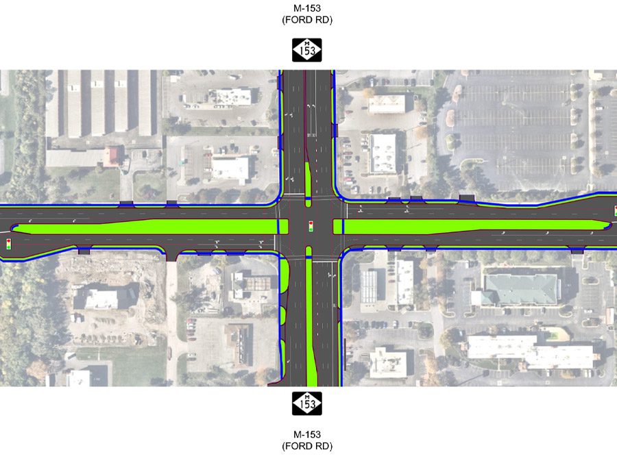 Gray and white Haggerty Road intersection map with green stripe