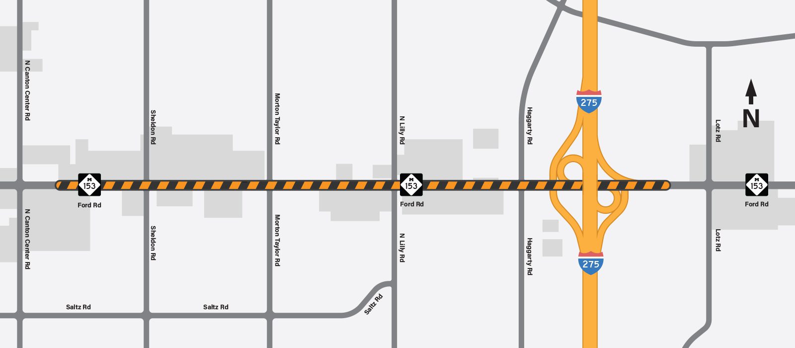 Map showing road construction and detour routes. Map showing road construction and detour routes.